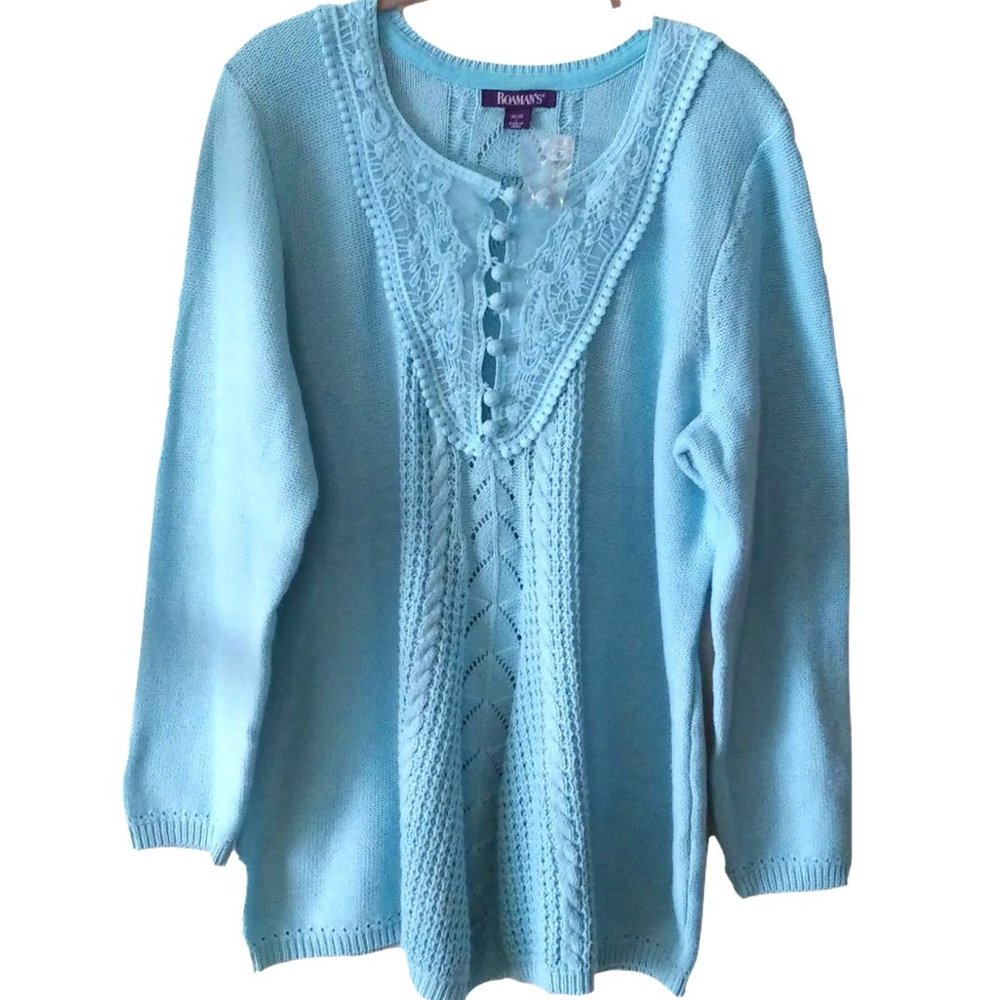 ROAMAN'S Front Lace Yoke Cable Button Detail Long Sleeve Pullover Blue L (18/20)